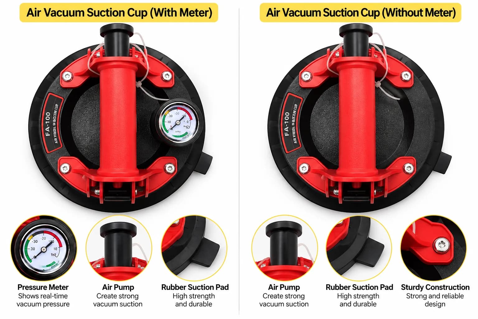 Air vacuum suction cup with and without meter, with pump and suction pad details