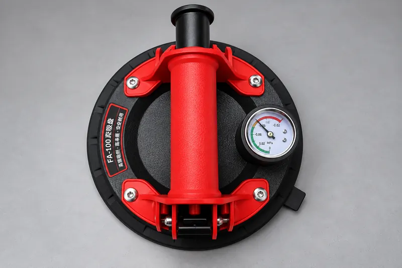 Red and black air vacuum suction cup with pressure gauge, top view