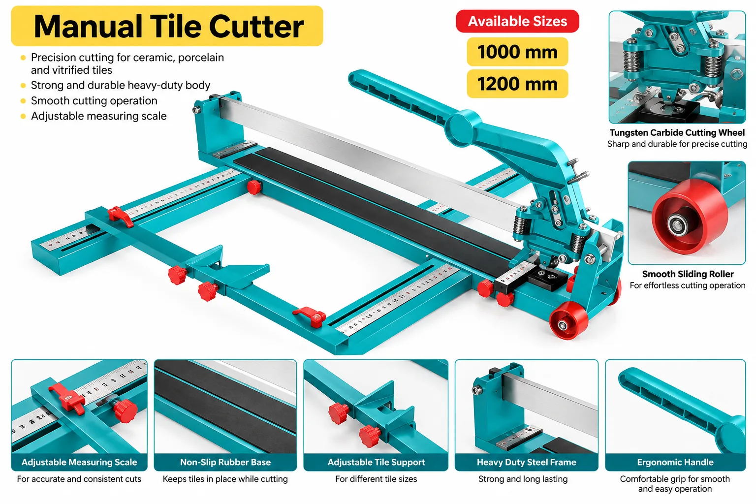 Manual tile cutter, 1000 mm and 1200 mm, with cutting wheel and roller details