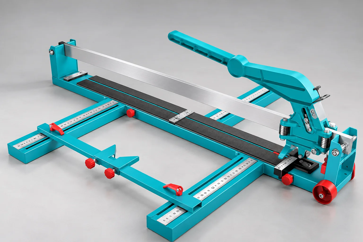 Turquoise manual tile cutter with steel rail and measuring scales