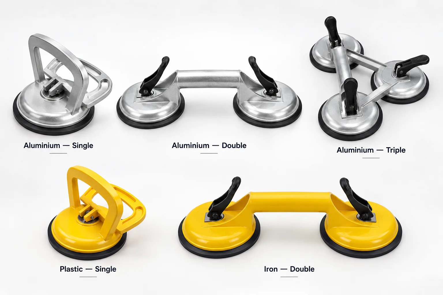 Suction cup range: aluminium single, double and triple; plastic single; iron double