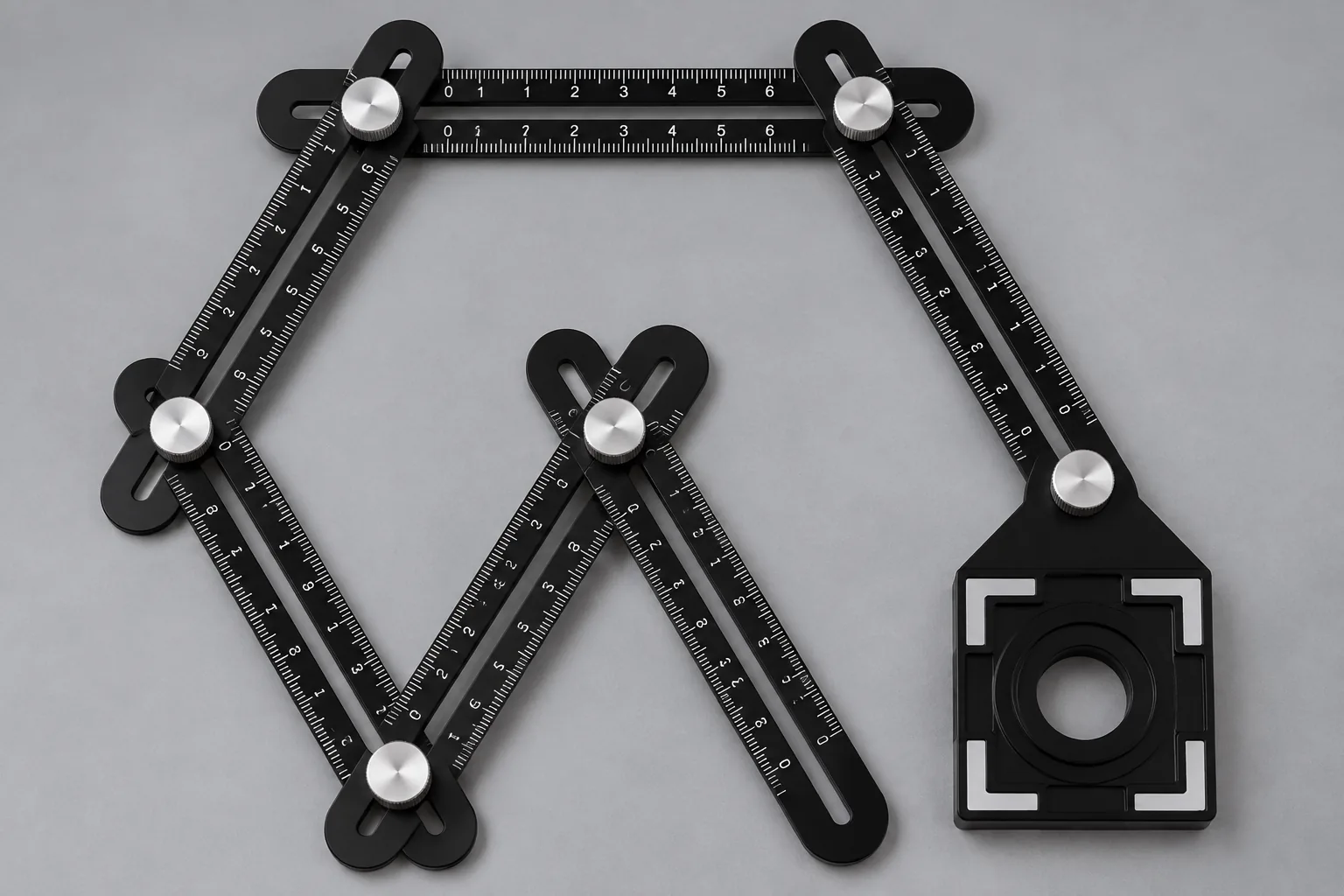 Black folding tiles hole marker with silver locking knobs and square hole guide