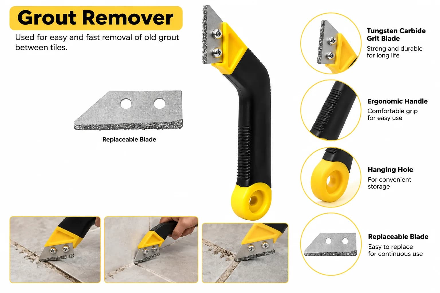 Grout remover with replaceable tungsten carbide grit blade, shown removing grout between tiles