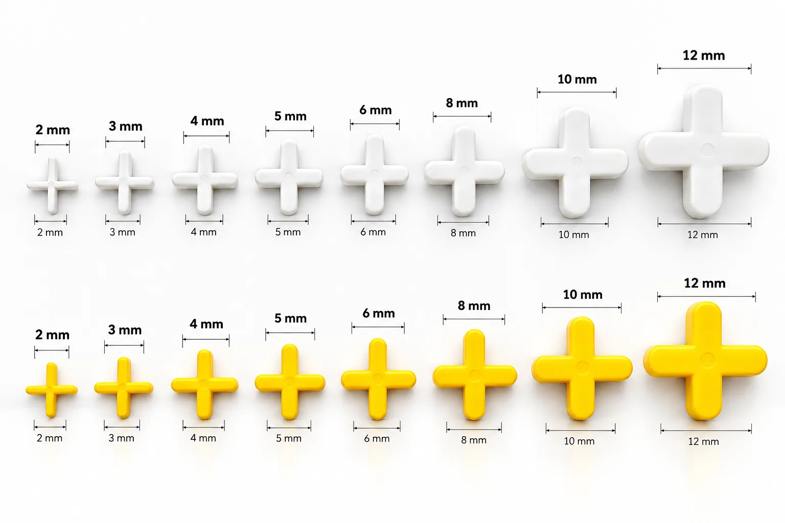 Cross tile spacers in white and yellow from 2 mm to 12 mm with size markings