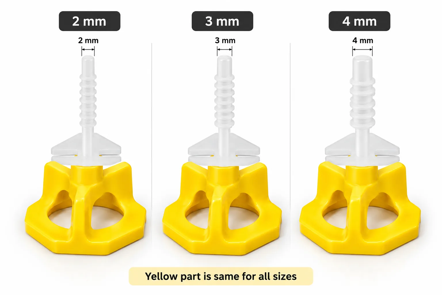 Spinner leveling in 2, 3 and 4 mm — the yellow cap is the same for all sizes