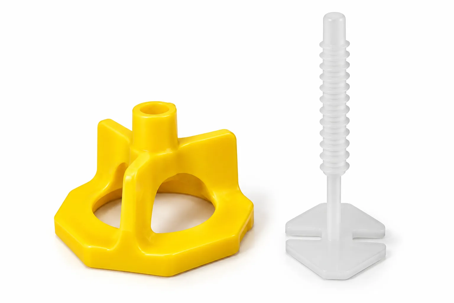 Yellow spinner leveling cap and white ribbed pin on white