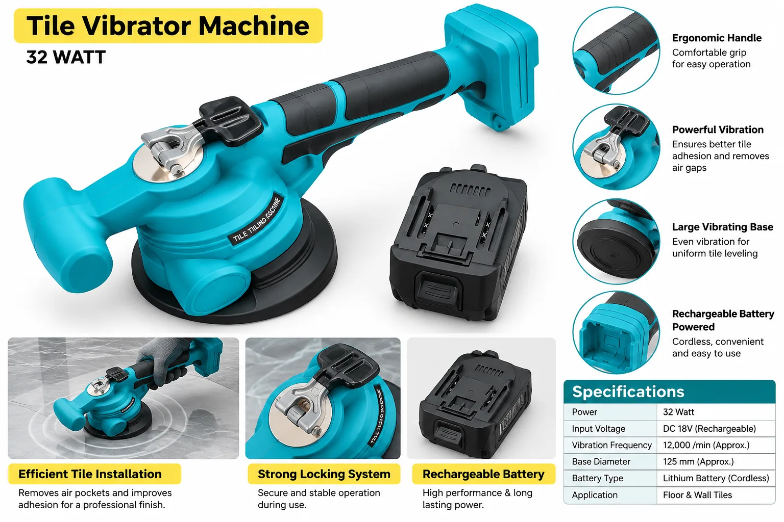 Tile vibrator machine 32 watt with features and specification table